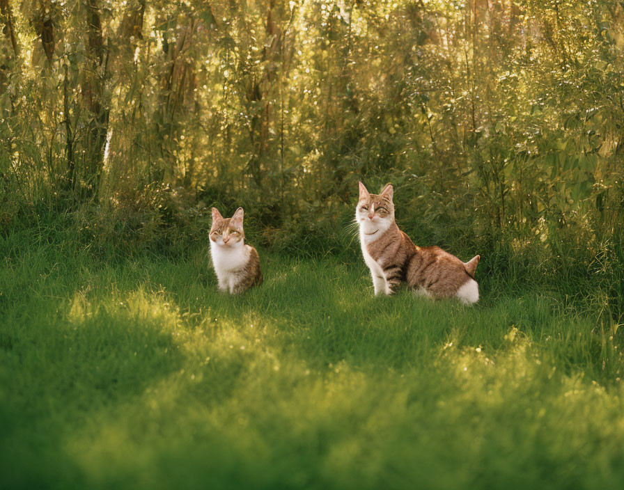 Two Cats in Sunlit Meadow Surrounded by Trees