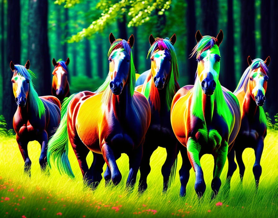 A Herd Of Horses, Running Through A Forest
