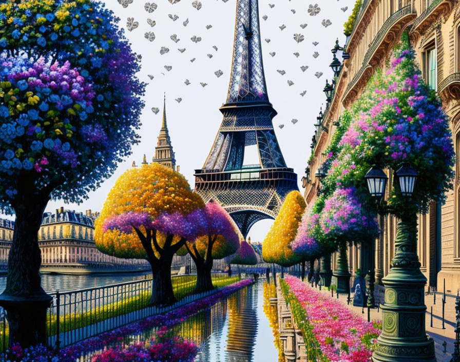 Colorful Trees and Butterflies Near Eiffel Tower on Clear Day
