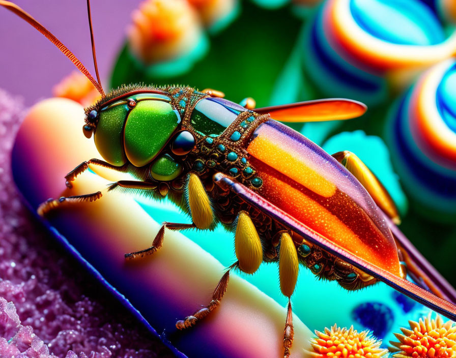 Colorful beetle with green eyes on abstract background.