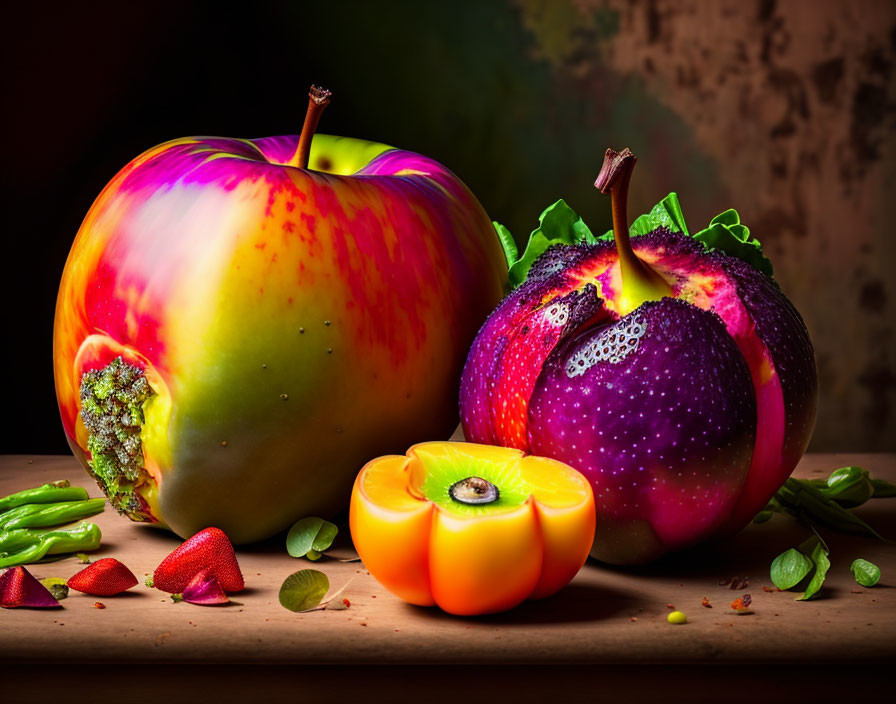 Vibrant digitally-altered fruits on wooden surface