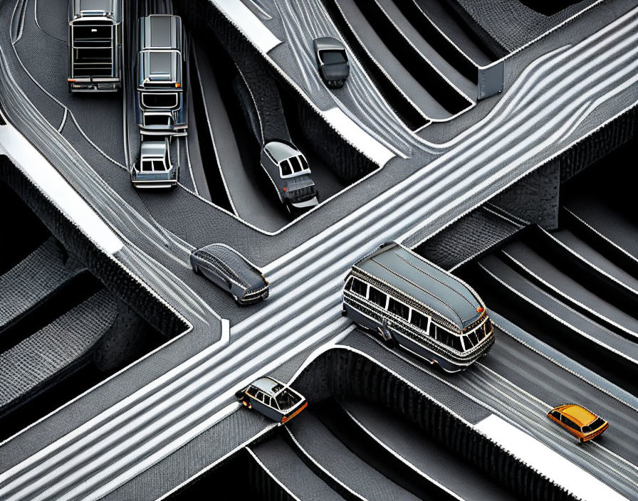 Monochromatic abstract illustration of intricate roadway with vehicles at complex intersection