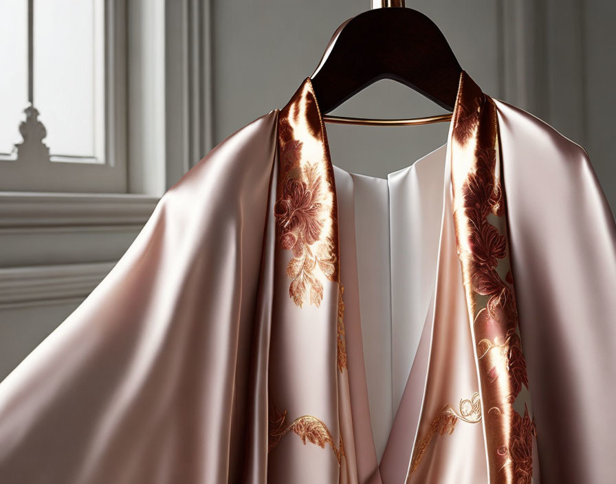 Luxurious Satin Robe with Gold Floral Embroidery on Hanger in Classic Decor