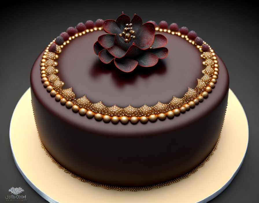 Luxurious Chocolate Cake with Gold Beads and Chocolate Flower on Dark Background