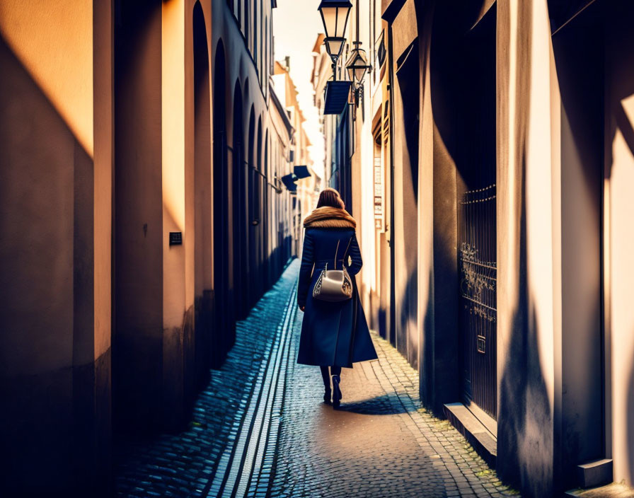 Person walking in narrow cobblestone alley with antique streetlamp & tall buildings in warm sunlight