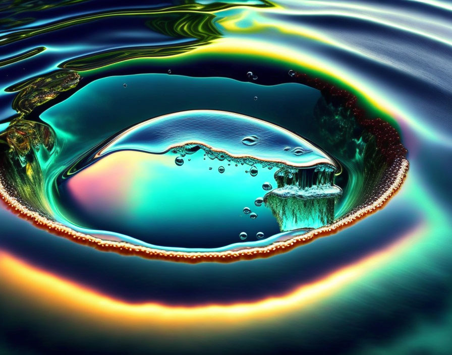 Abstract liquid splash with iridescent colors and dynamic ripples