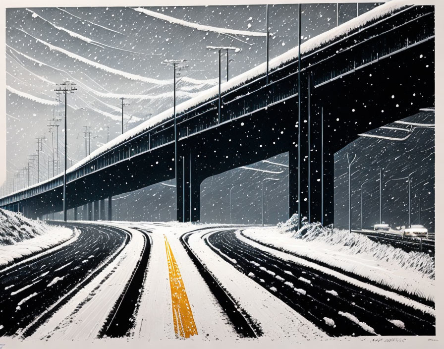 Snowy scene with road lanes under overpass, tire tracks, falling snow, utility poles.