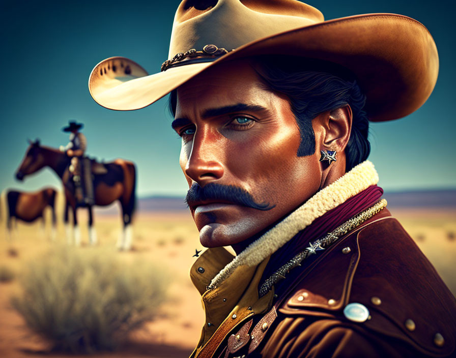 Cowboy with mustache and horse in desert landscape illustration