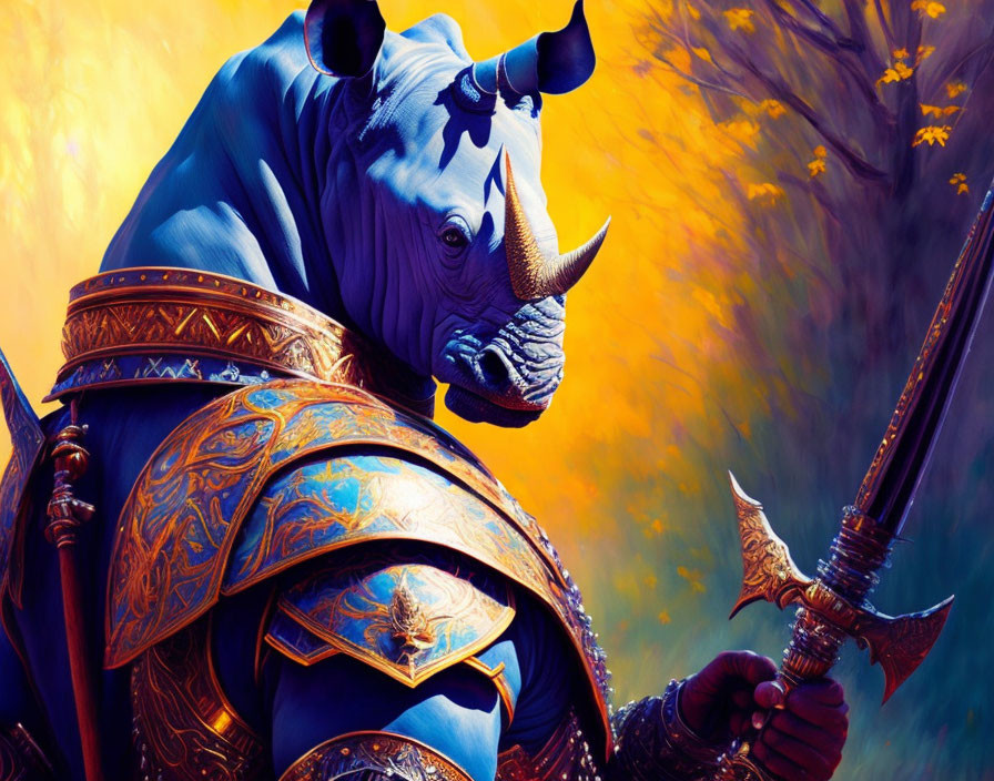 Fantasy warrior rhinoceros in ornate armor with spear in autumnal setting