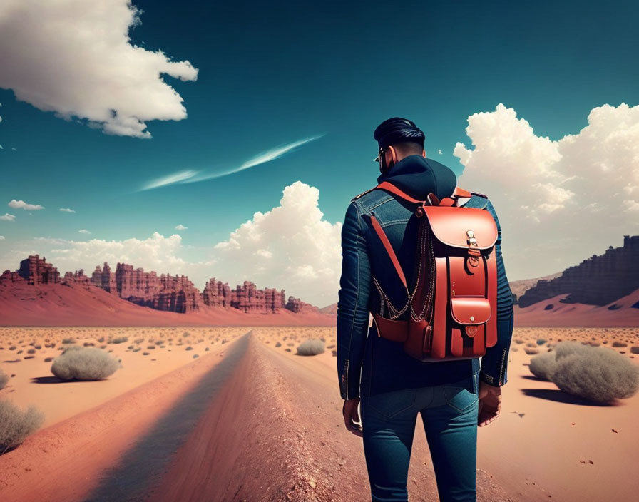 Stylish person with orange backpack on desert road gazes at rocky landscape