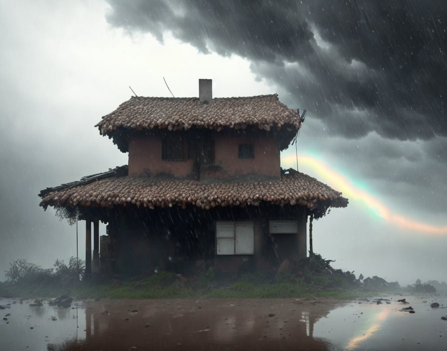 Dilapidated two-story hut under stormy sky with faint rainbow and wet ground reflections