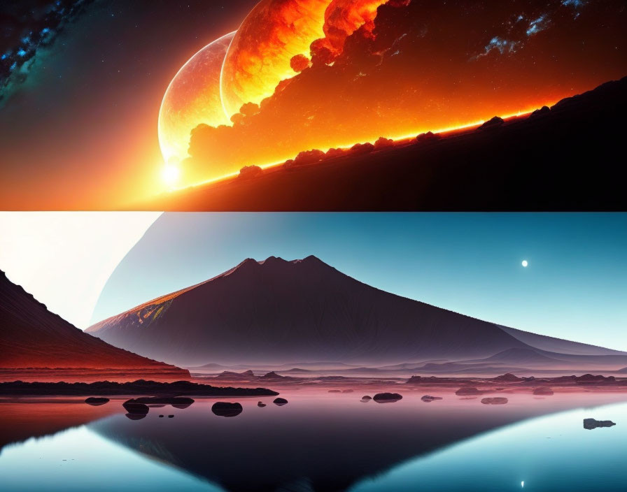 Contrasting landscapes: fiery sky with planet vs. serene twilight with mountain reflection