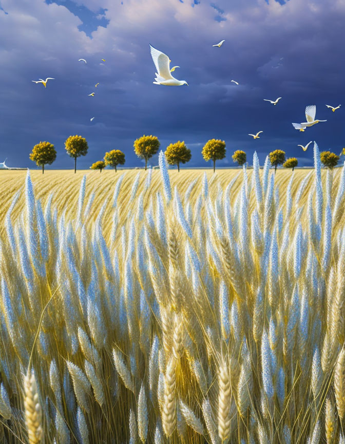 a field of yellow wheat, a blue sky