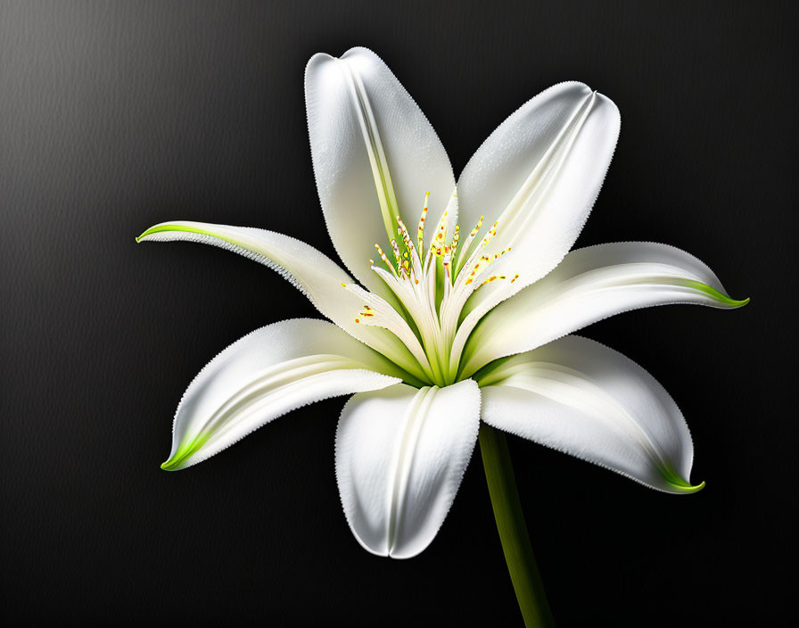 White Lily with Yellow Stamens and Green Accents on Dark Background