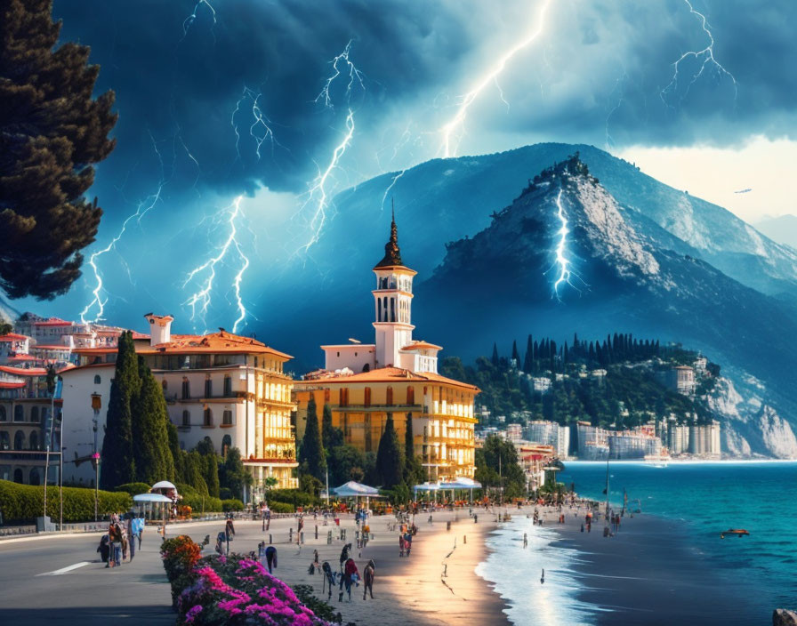Coastal town scene with lightning storm and promenade stroll