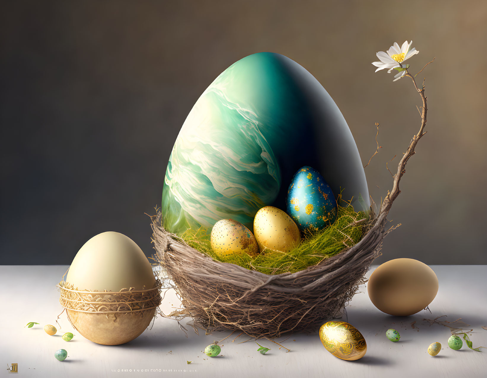 Decorative teal and white egg in nest with flower and twigs