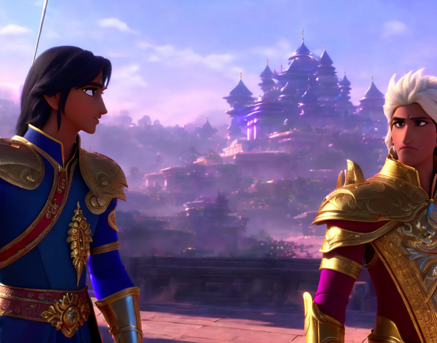 Blue and golden armored animated characters with ornate castle and purple skies.