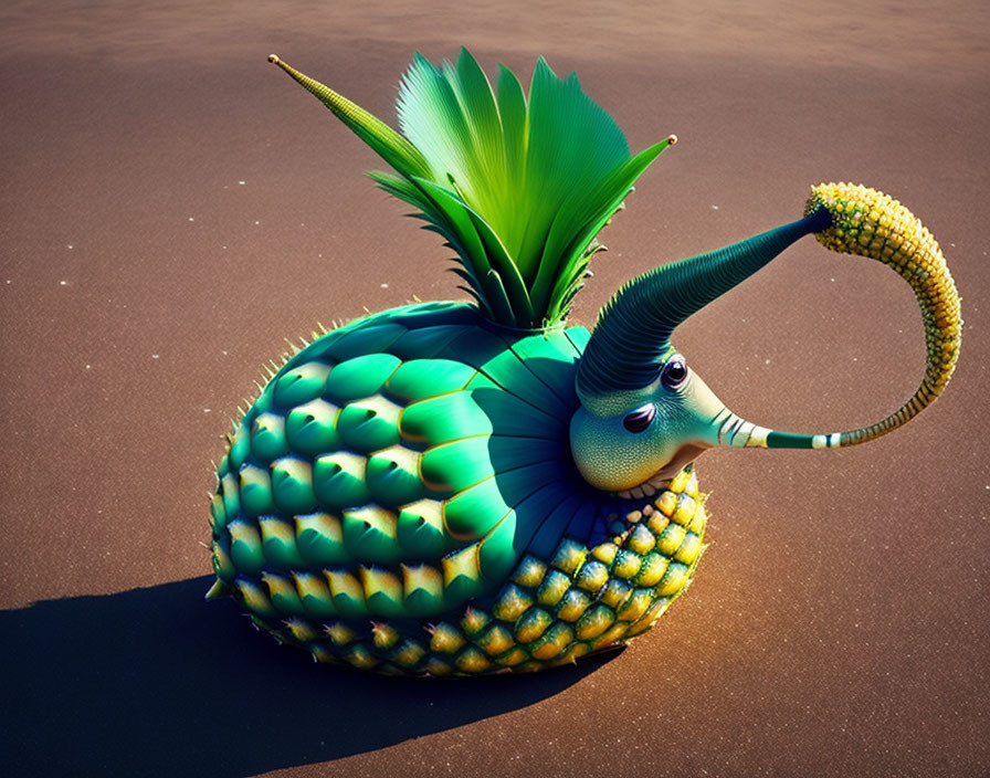 3D artwork: Elephant-pineapple hybrid on sandy background