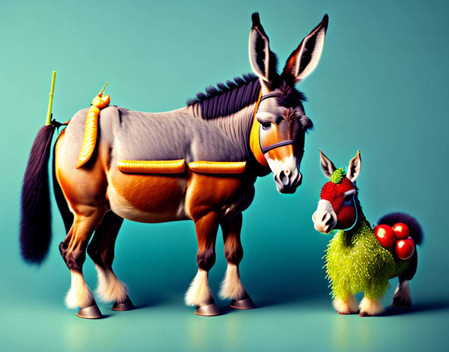 Colorful Stylized Donkeys: Large with Saddle and Broom, Small with Green F