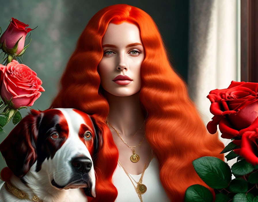 Realistic digital artwork: Woman with red hair & Saint Bernard dog among roses & window light