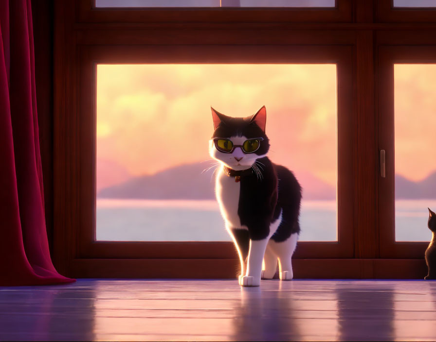 Black and White Cat with Green Eyes and Bowtie in Sunset Window Scene