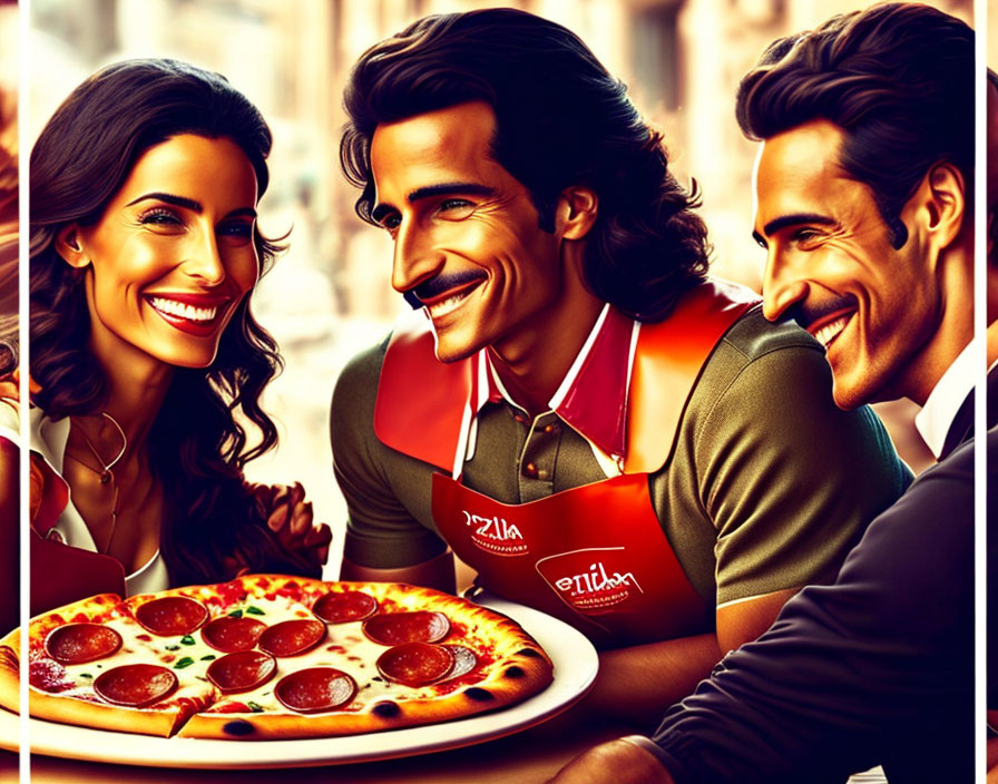 Animated characters gathering around pizza in vibrant setting