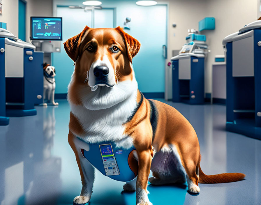 Digitally altered image: Dog with human-like eyes holding a medical clipboard in hospital corridor.