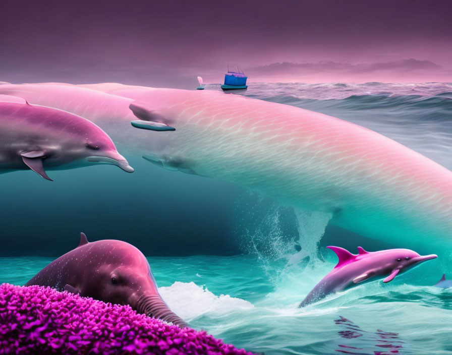 Surreal image of dolphins as waves in pink and purple ocean landscape
