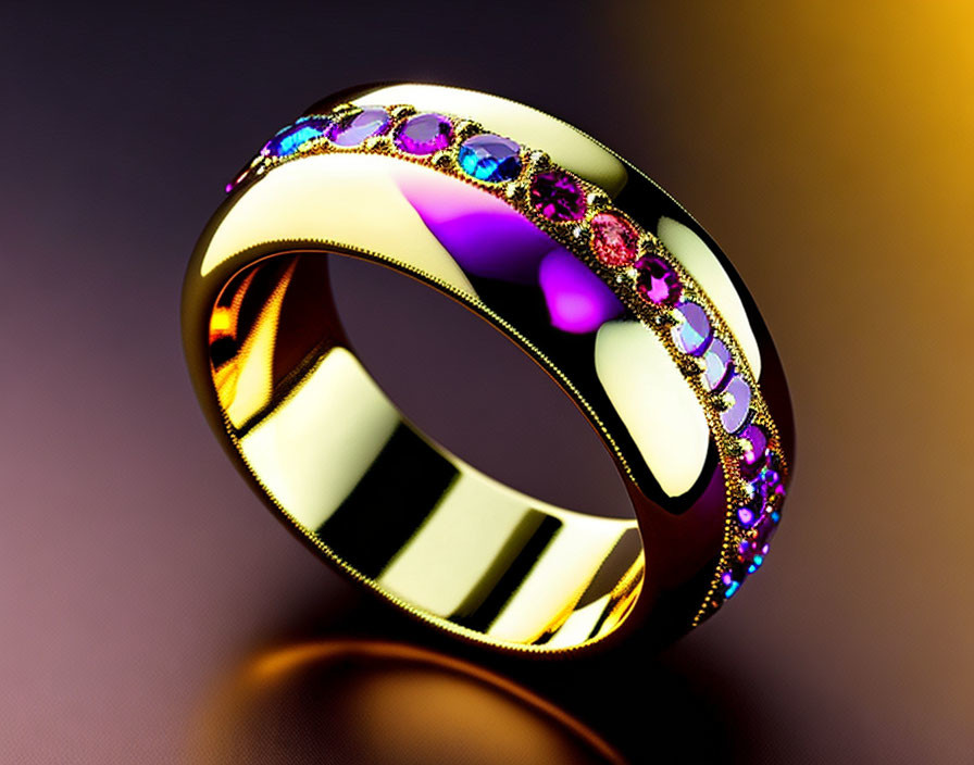 Luxurious Golden Ring with Multicolored Gemstones on Gradient Background