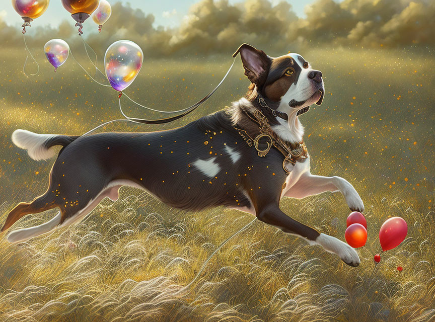 Playful dog frolicking in golden field with balloons for a whimsical setting