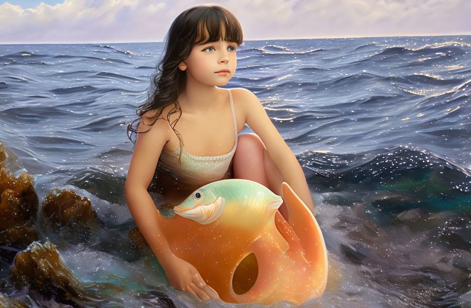 Young girl with brown hair sitting in ocean with whimsical fish float