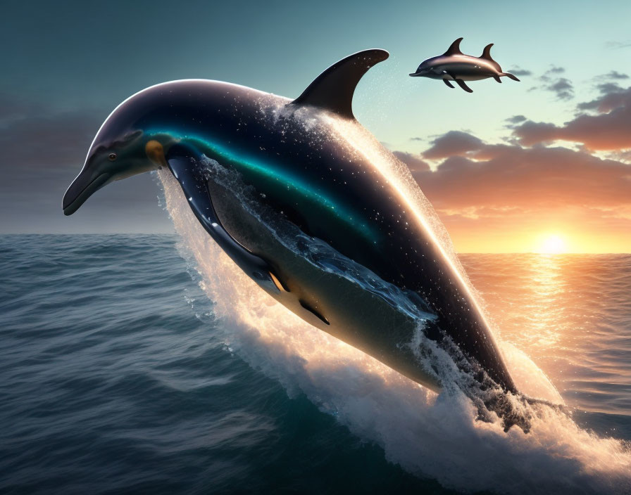 Digital Art: Two Dolphins with Starry Bodies Leaping Over Sunset Ocean Waves