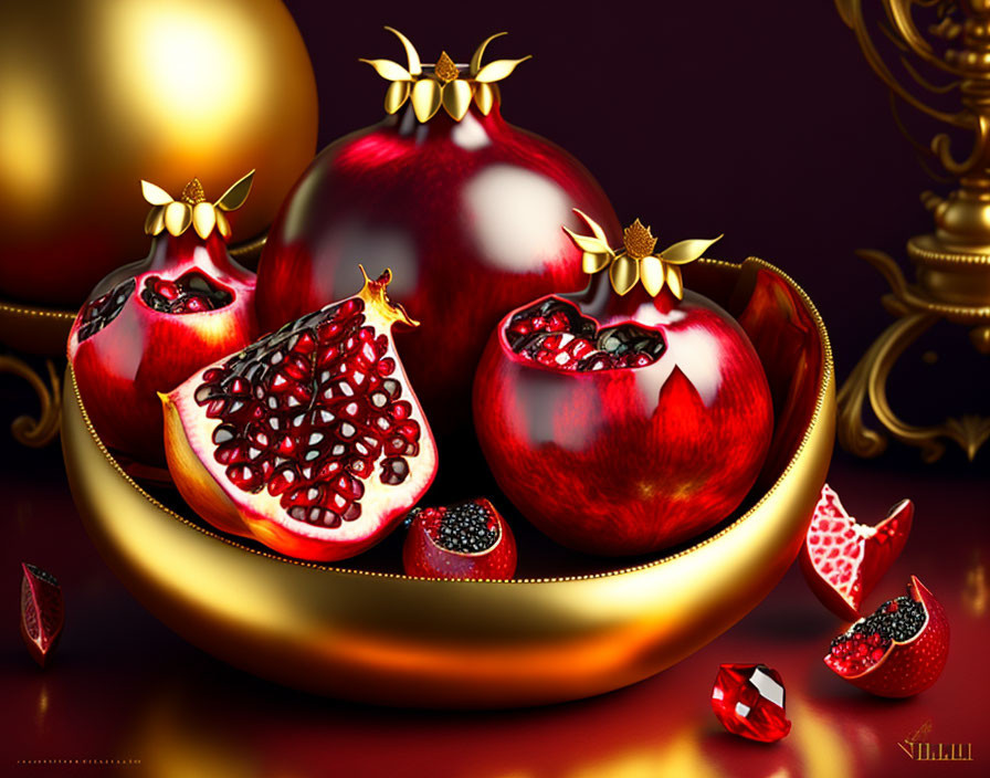 Ripe pomegranates on golden dish against red and gold background