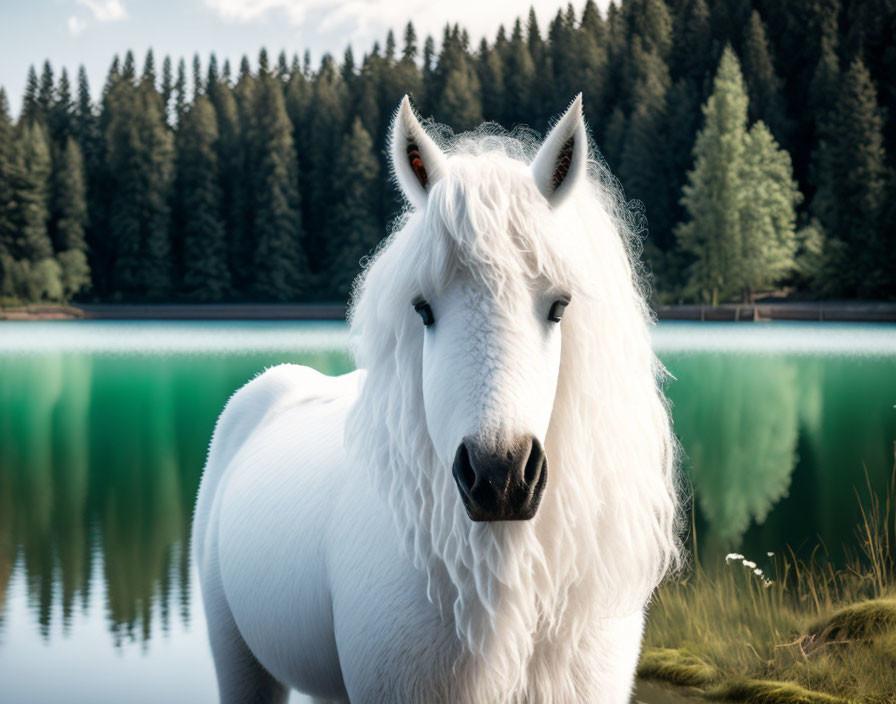 White Horse with Fluffy Mane by Serene Lake and Evergreen Trees