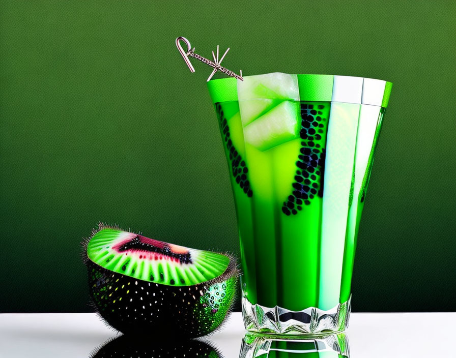 Green Kiwi Cocktail with Slice and Straw on Green Background
