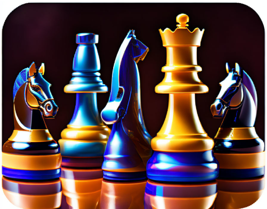Vibrant digital art: chess pieces with glossy metallic finish