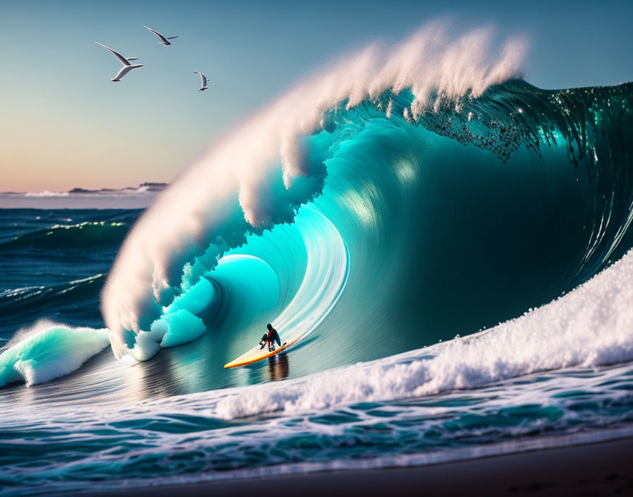 Surfer riding vibrant blue wave with seagulls in sunset sky
