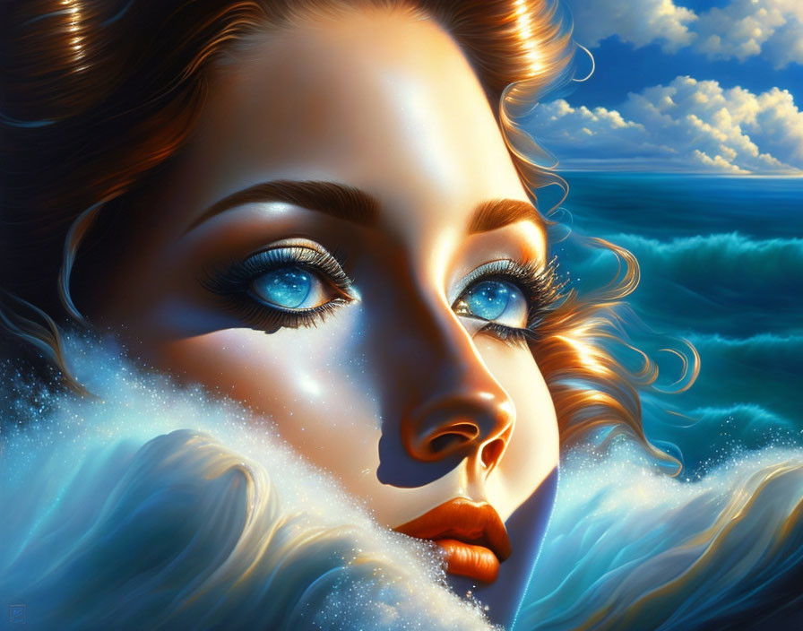 Detailed digital painting of woman with blue eyes emerging from ocean waves and clouds.