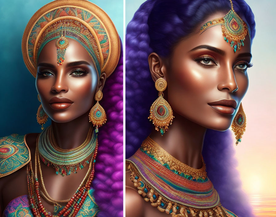 Stylized portraits of a woman with elaborate headdresses and jewelry in vibrant blue and green hues on