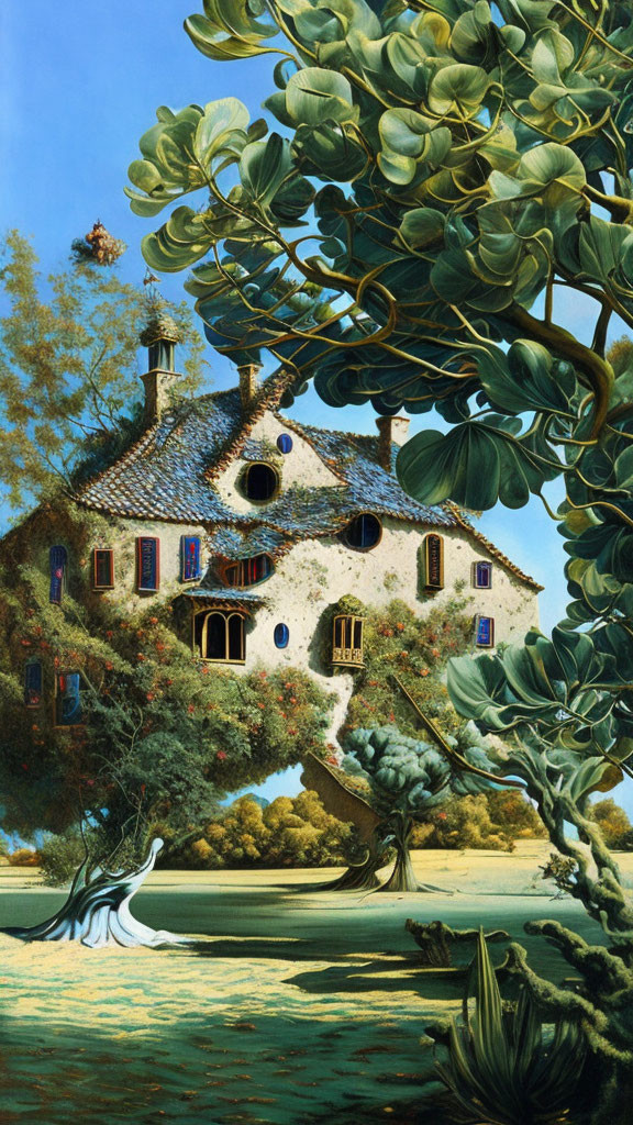 Whimsical fairytale cottage painting with ivy facade and peacock