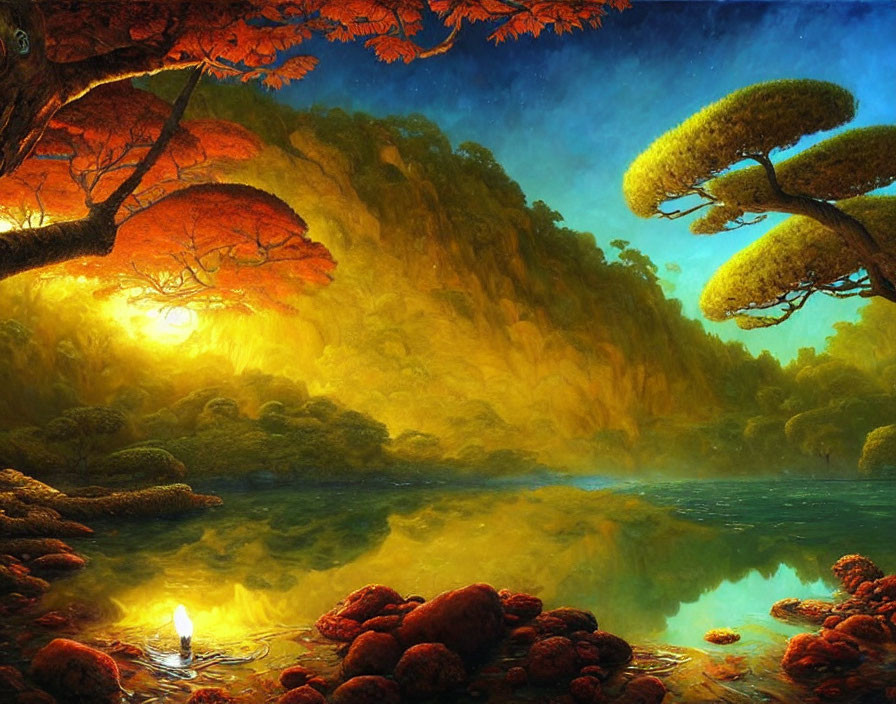 Tranquil fantasy landscape with glowing sunset, lush greenery, vibrant orange trees, and reflective lake