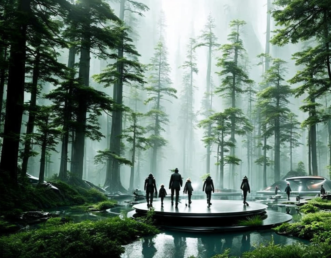 Futuristic forest scene with figures on circular platform