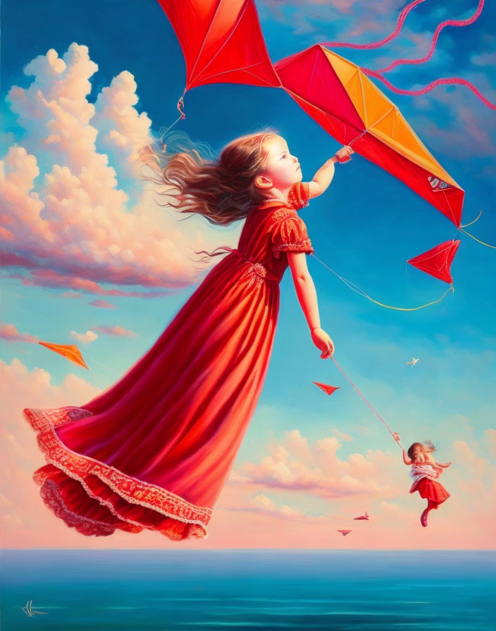 Girl in red dress flying large kite with smaller figure hanging from tail against blue sky and clouds