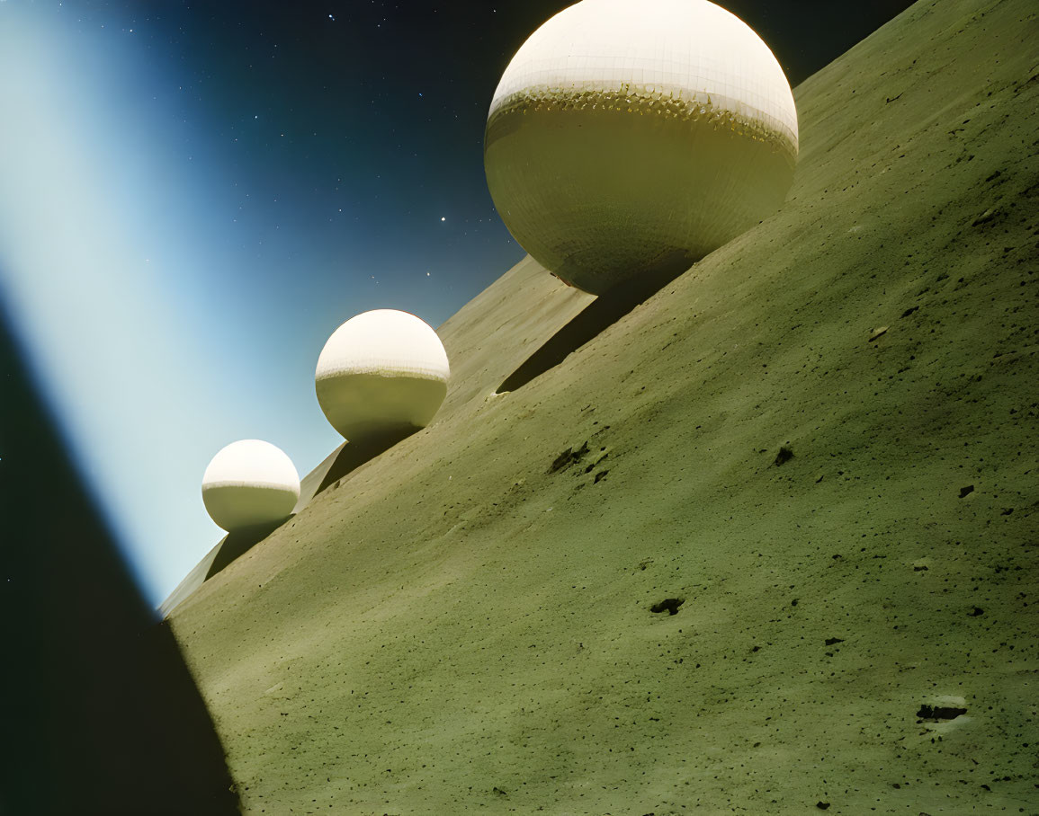 Spherical structures on barren, sloped landscape under starry sky