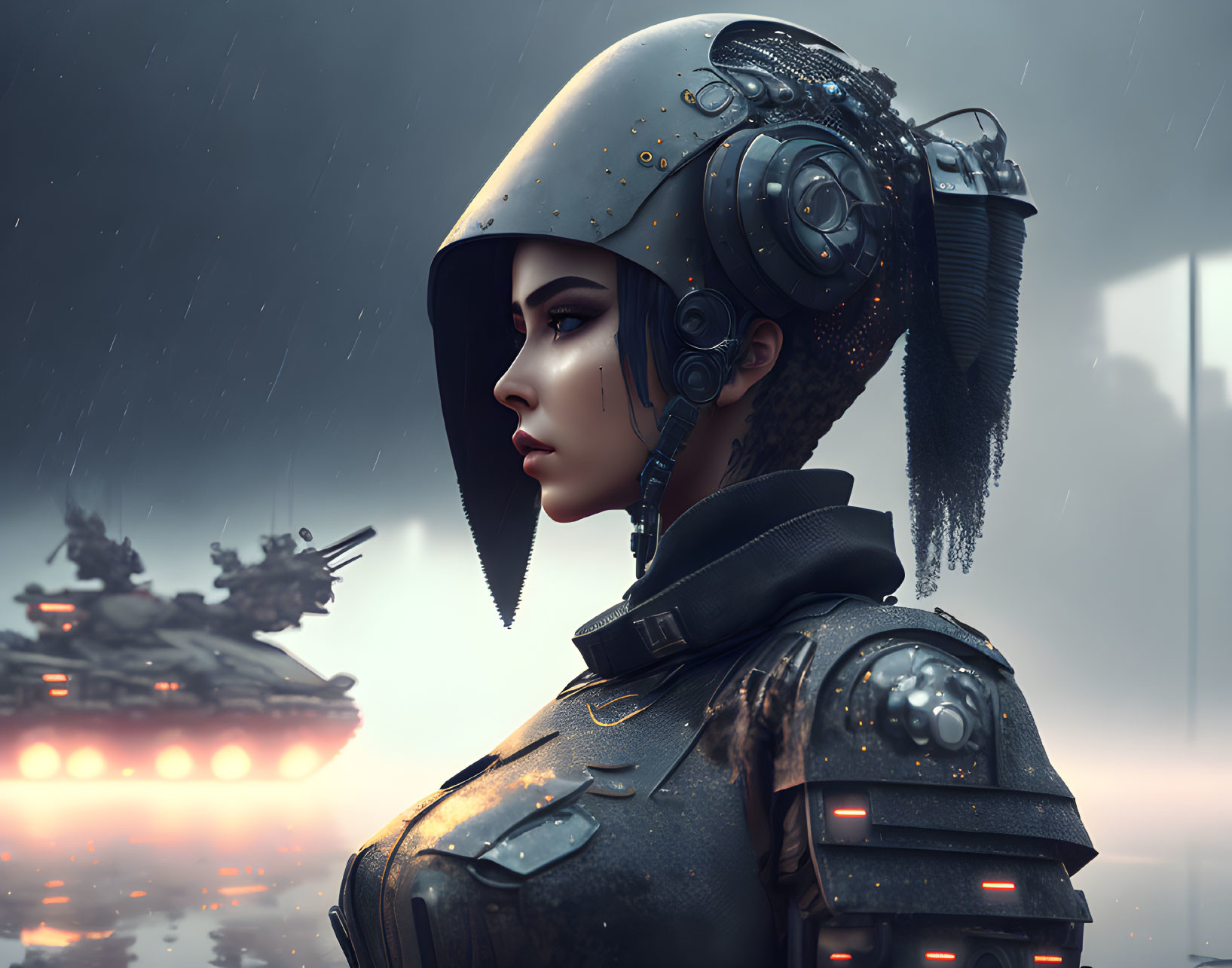 Futuristic female soldier in high-tech armor standing in rain with hovercraft in background