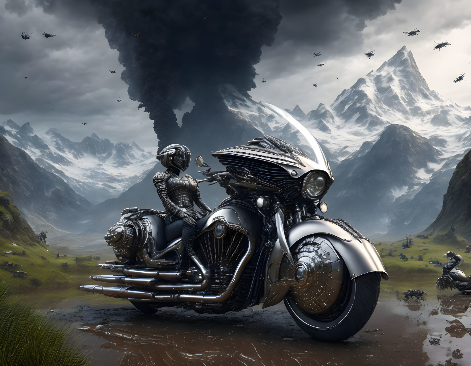 Futuristic motorcycle and rider in dramatic landscape with mountains and flying machines