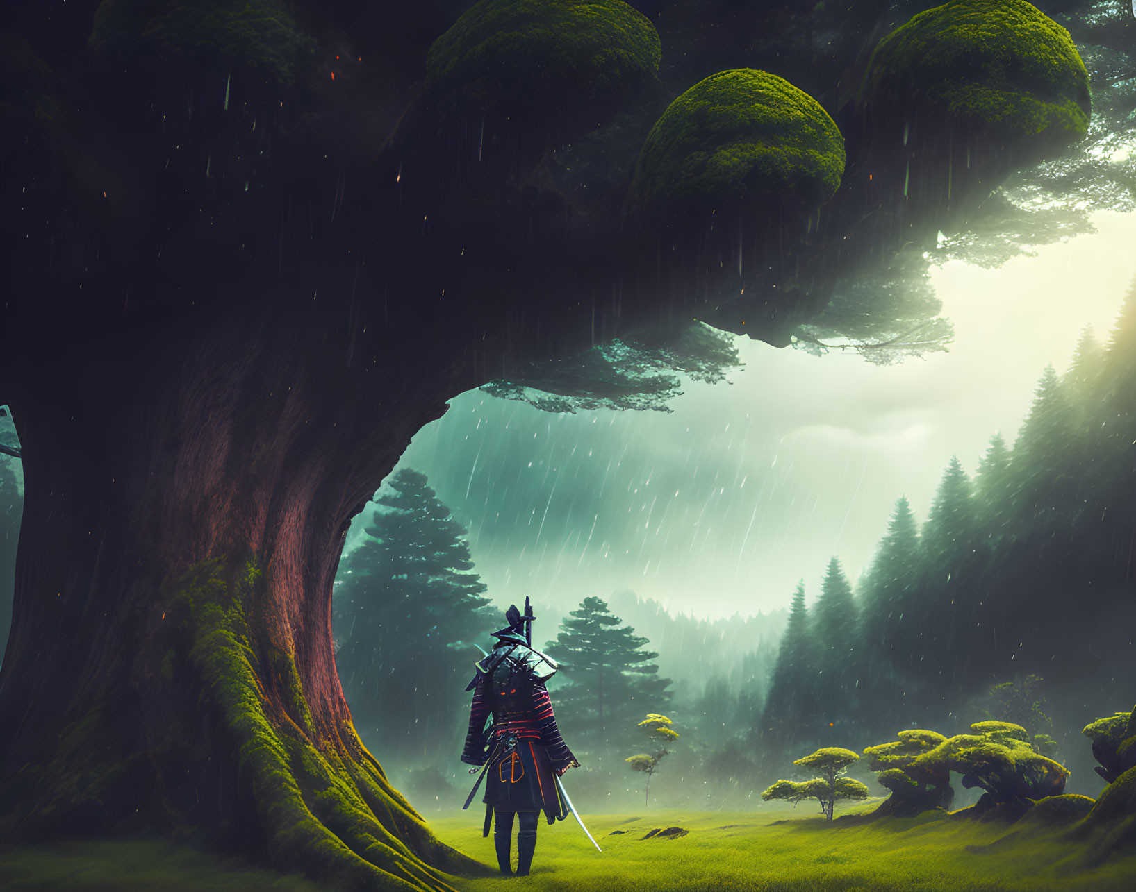 Samurai beneath ancient tree in mystical rainforest