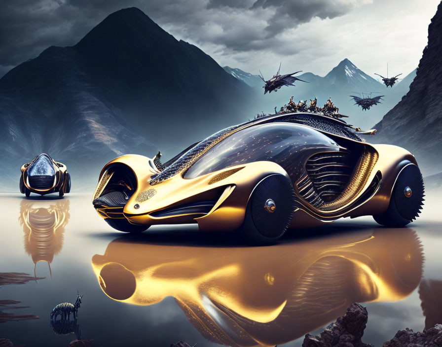 Sleek futuristic vehicles on reflective surface in mountainous landscape