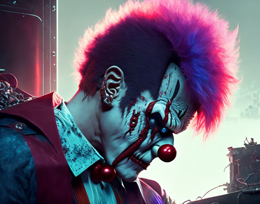 Sinister clown with punk hairstyle in neon colors on cityscape background