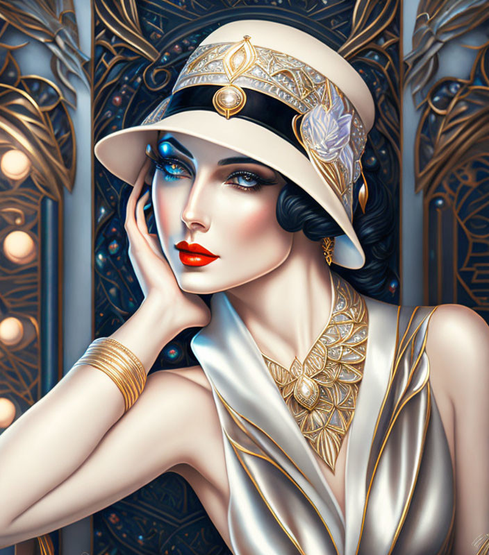 Blue-eyed woman in 1920s fashion with cloche hat and gold jewelry on art deco background